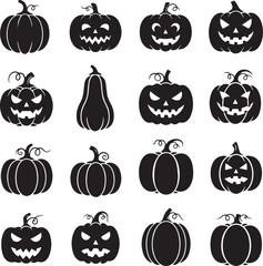 Collection of sixteen black silhouette pumpkin jack-o-lanterns with carved faces for Halloween vector