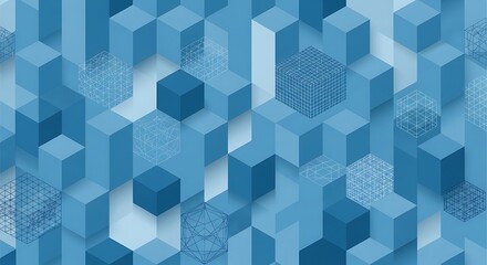 Abstract geometric background with 3D cubes and lineframe patterns, in shades of blue