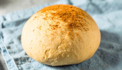 Round, light beige dough ball, dusted with cinnamon