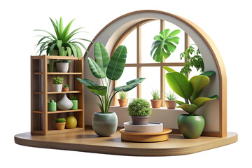 Indoor Plants and White Flowers on Wooden Shelf on transparent background- 3D rendering