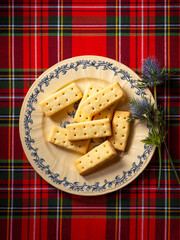 Scottish shortbread cookies on a plate with thistle flower. Tartan textile background. Top view.