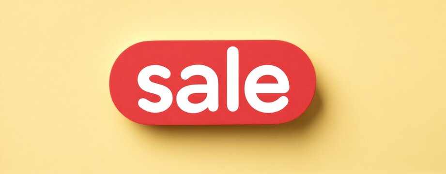 Minimalist Sale Sign on Yellow: Red Capsule with White Text Announcement.