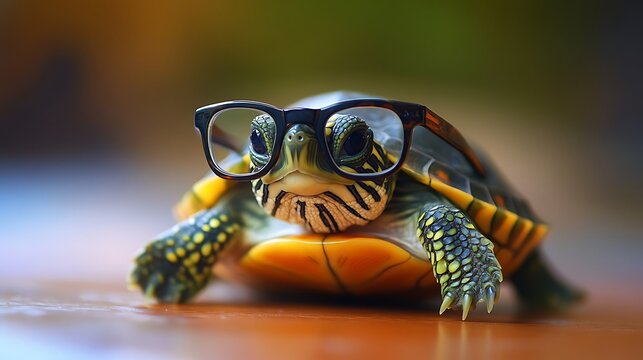 Adorable turtle wearing glasses looking directly at the camera with a soft background