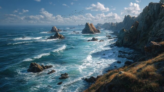 Majestic turquoise waves crash against rocky pacific coast in big sur, california during overcast day