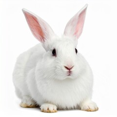 Adorable fluffy white rabbit with big ears sits patiently on white background