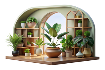 Indoor Plants and White Flowers on Wooden Shelf on transparent background- 3D rendering