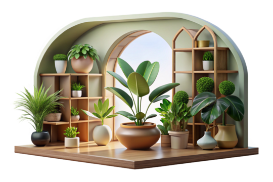 Indoor Plants and White Flowers on Wooden Shelf on transparent background- 3D rendering