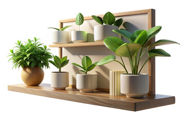 Indoor Plants and White Flowers on Wooden Shelf on transparent background- 3D rendering