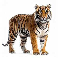 Majestic tiger stands powerfully, showcasing its vibrant orange and black stripes against a clean backdrop.