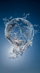 Bright conceptual composition: clear water splash forming the shape of a globe against a deep blue sky