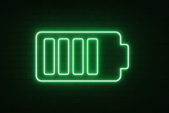 Green glowing battery icon full charge symbol neon light energy power level indicator electricity concept technology background for charging animation renewable power or digital design