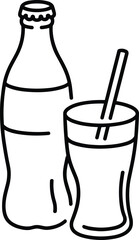 Black outline illustration of soda bottle and glass with straw, refreshing beverage vector design for drink menu, restaurant, bar, party, cafe, and refreshment