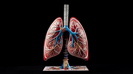 Detailed anatomical model of human lungs and trachea against a black background