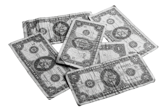 Aged monochromatic grey paper currency bills, extensively worn and crinkled, scattered on a transparent background with copy space, conveying the concept of ephemerality - Powered by Adobe