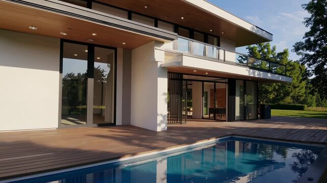 Modern minimalist house with flat roof, captured from a low angle. Sunlit exterior, lush greenery, perfect for a real estate video tour.