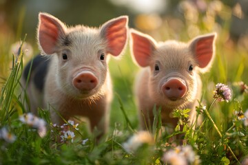 Cute Piglets in a Field Surrounded by Colorful Flowers at Sunset