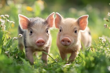 Fototapeta premium Adorable Piglets Playing in a Green Meadow Surrounded by Flowers