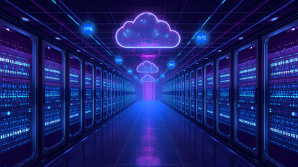 Futuristic server room with glowing neon cloud symbols and blue digital lights