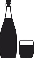 Black silhouette vector illustration of wine bottle with cork and filled glass, elegant drink design for bar, restaurant, celebration, party, beverage branding