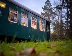 Vintage train car in a grassy area at twilight