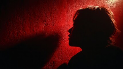 Close-up of a sharp human silhouette projected on a textured crimson wall, harsh single light source