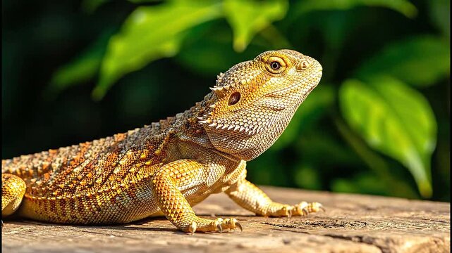 A close-up profile of a bearded dragon lizard basking on a rock with a leafy green background.