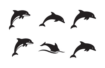 Fototapeta premium Six Black Dolphin Silhouettes in Various Poses on White Background animal marine