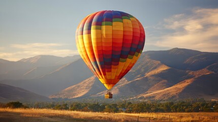 Fototapeta premium Close-up shot of a single vibrant hot air balloon rising into the sky, reflections of sunlight on its fabric