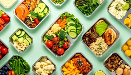 Colorful and Healthy Meal Prep Containers on Light Green Background.