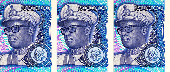 200000 Zaires, Zaire with portrait of dictator President Mobuto. Vintage paper money of Zaire.