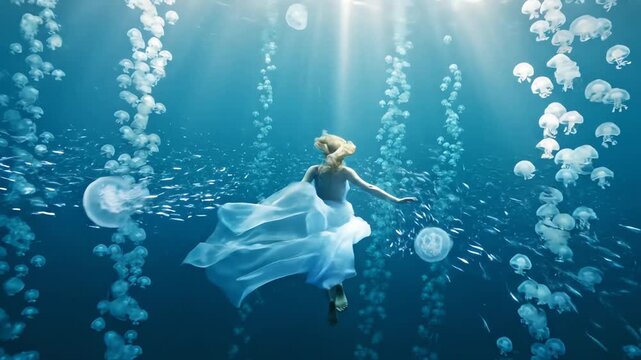 Woman in flowing white dress swims gracefully underwater surrounded by jellyfish and bubbles in a serene, ethereal scene.