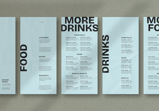 Set of Food and Drinks Menus with Black and Blue Accents