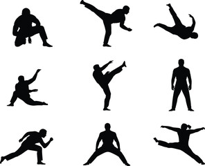 Martial arts silhouette collection, fighter poses vector illustration, karate kick action, combat training movement, sports athlete design, kung fu stance artwork