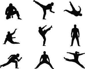 Martial arts silhouette vector, karate kung fu poses, athlete training action, kickboxing movement, fitness exercise illustration, sports man practicing, dynamic body motion artwork