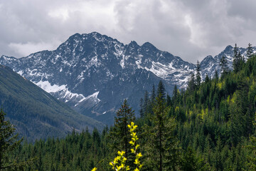 Fototapeta premium rocky high snow covered mountains with cloudy sky landscape