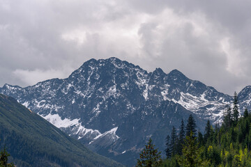 rocky high snow covered mountains with cloudy sky landscape