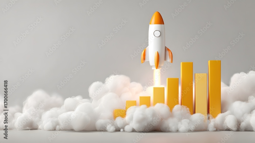 Poster rocket launch with bar graphs signifying growth and success