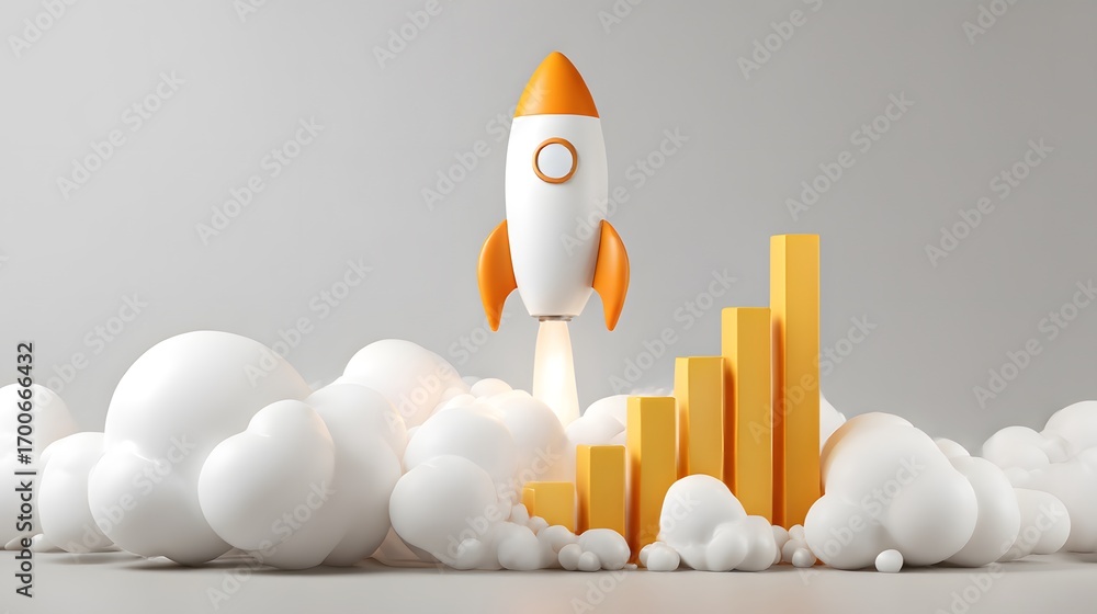 Aufkleber rocket launch with growth graph and clouds in a minimalist style