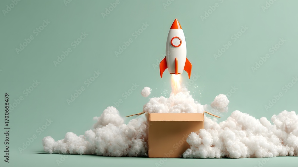 Poster rocket launching from cardboard box with cloudy background