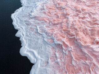 Obraz premium beach scene where the waves are a vivid pink color, contrasting with the blue ocean and the peach-colored sand.