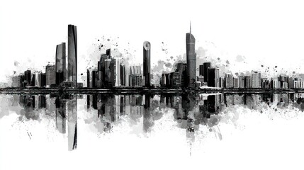 Naklejka premium Cityscape skyline black and white watercolor