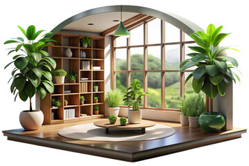 Indoor Plants and White Flowers on Wooden Shelf on transparent background- 3D rendering