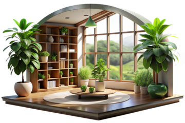 Indoor Plants and White Flowers on Wooden Shelf on transparent background- 3D rendering