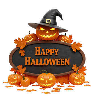 T&iacute;tulo Feliz Halloween com Placa de Madeira Renderizado em 3D para Composi&ccedil;&otilde;es
