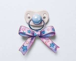 Cute baby pacifier with a pink and blue floral ribbon bow