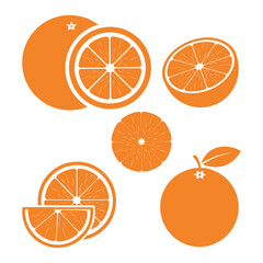 Assorted Orange Slices and Whole Oranges in a Flat Design Style on White Keywords: orange, citrus, fruit, food, healthy, vitamin C, sweet, juicy, refreshing, slice, half