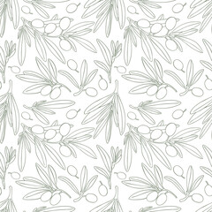 Seamless pattern drawing olive branch green decor. Hand painted floral illustration olives fruit tree branches leaves background green. Drawings food. Edible foliage. Fabric, menu, decor, wrapping.