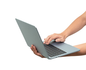 Side view of hands using modern laptop with customizable blank screen. Isolated on transparent PNG....