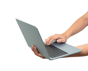 Side view of hands using modern laptop with customizable blank screen. Isolated on transparent PNG. Concept for technology, business, finance and advertising.