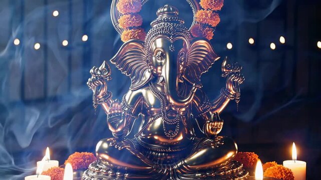 A low-angle video shot of a golden Ganesha statue surrounded by marigold flowers and candles, creating a serene and spiritual ambiance.